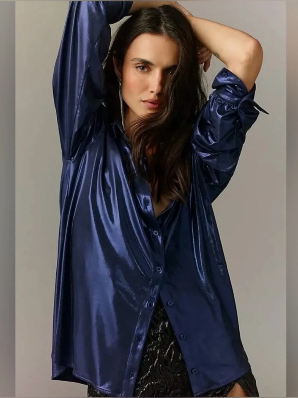 By Anthropologie Slinky Metallic Button Front Blouse Midnight Blue size Large